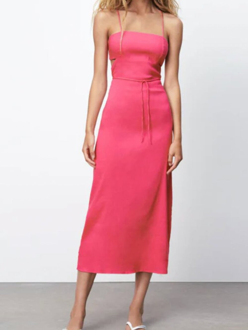 Zara Pink Linen Blend Cut-Out Midi Dress Size S